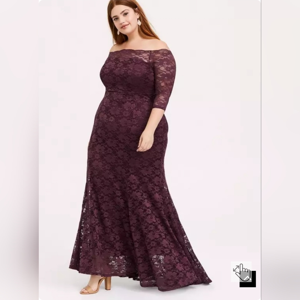Torrid  Special Occasion lace off shoulder dark purple maxi gown size 18 NWT